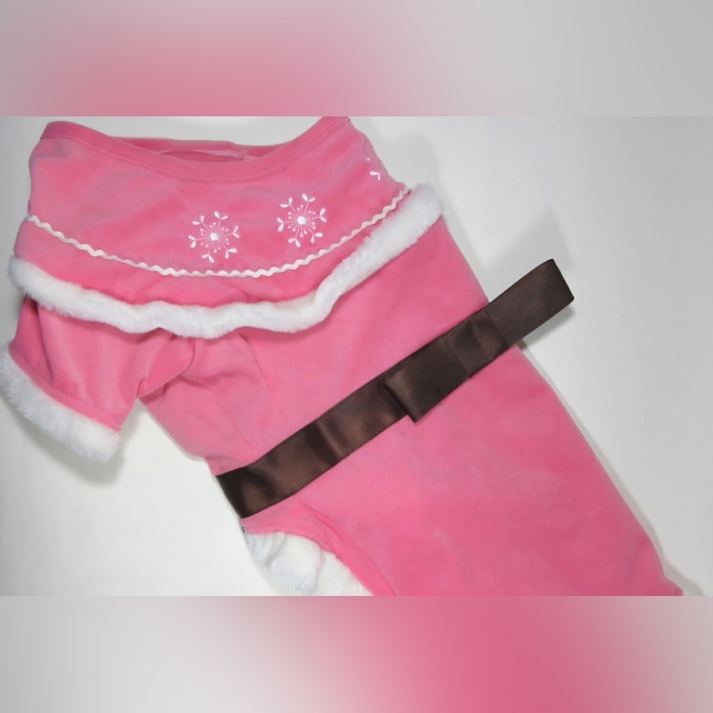 Pink Dog Dress with White Trim and Brown Bow